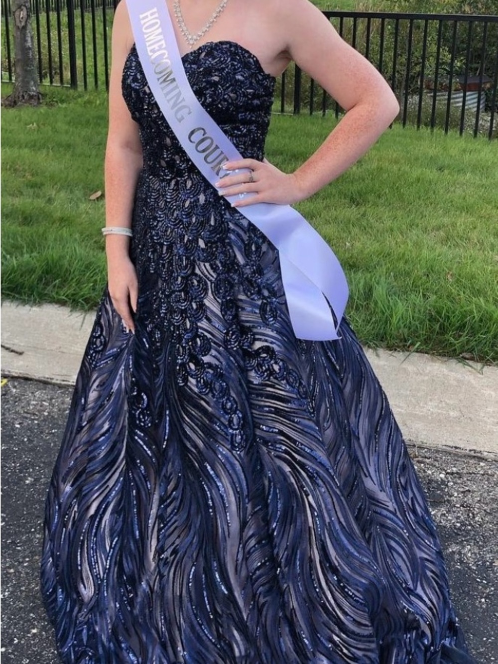 Strapless Navy Sequin Ball Gown Dress
